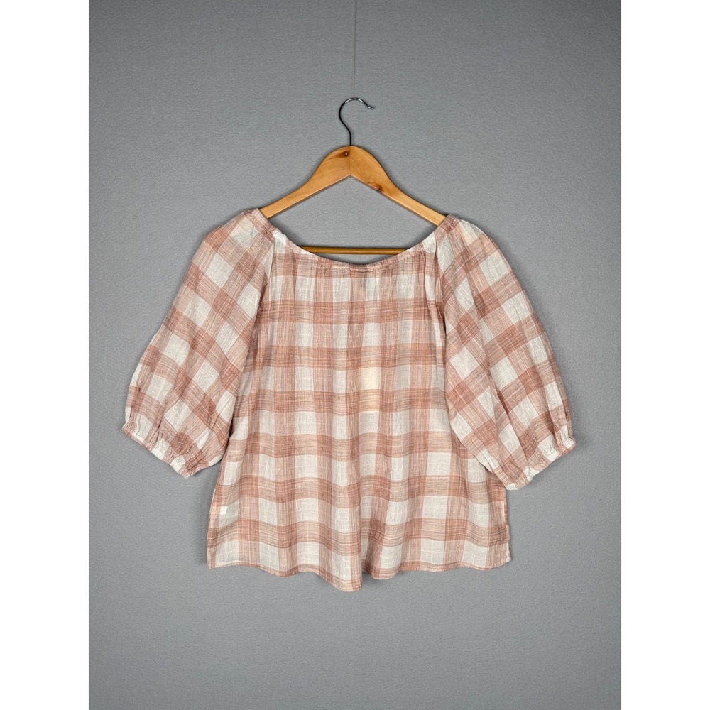 Universal Thread Plaid Peasant Blouse Puff Sleeve Dusty Rose Cream S Cottage - Picture 2 of 8